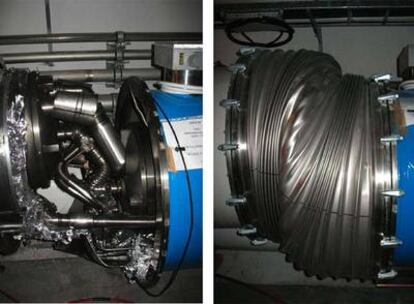 Dos de las conexiones entre imanes del acelerador LHC que resultaron más dañadas en la grave avería del 19 de septiembre.