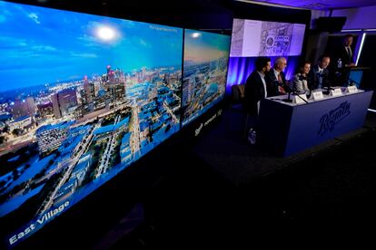 Kansas City Royals baseball team officials and their consultants talk about proposals for a new stadium to replace Kaufmann Stadium which has been home to the team for more than 50 years during a news conference, Tuesday, Aug. 22, 2023, in Kansas City, Mo.