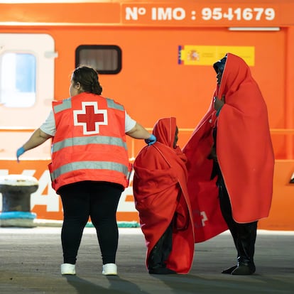 LAS PALMAS DE GRAN CANARIA, 13/04/2025.- Un grupo de 68 inmigrantes, entre ellos 5 mujeres y 2 niños, rescatados en alta mar por Guardamar Polinmia y trasladados al muelle de Puerto del Rosario. Salvamento Marítimo en Las Palmas coordinó desde la tarde noche de este sábado el rescate de 120 personas, dos de ellas menores de edad, que iban en dos embarcaciones y que han sido desembarcadas esta madrugada en Fuerteventura. EFE/ Carlos De Saá