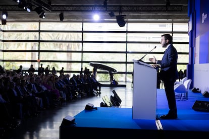 El 'president' de Cataluña en funciones, Pere Aragonès, durante su intervención en el Cercle d’Economia, este miércoles.