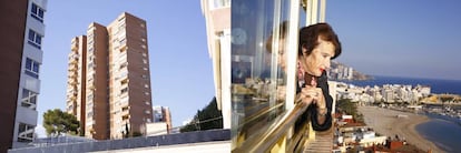 Ana Corral se asoma a la ventana desde su apartamento (a la izquierda) en el edificio Ikerne y contempla el paseo marítimo de la playa de Poniente, obra de Carlos Ferrater.