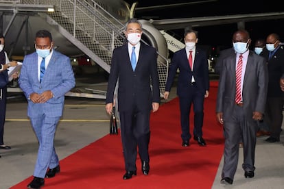 Chinese Foreign Minister Wang Yi upon his arrival in Honiara, the capital of the Solomon Islands on Wednesday.