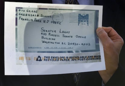 An enlarged copy of an envelope addressed to Sen. Patrick Leahy, D-Vt., that contained anthrax, is shown during a news conference on Capitol Hill in Washington in this Saturday, Nov. 17, 2001 file photo