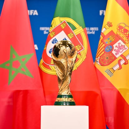 ZURICH, SWITZERLAND - DECEMBER 11: A view of the FIFA World Cup Winner's Trophy with the flags of the FIFA World Cup 2030 hosts Morocco, Portugal and Spain during a trophy shoot at the Home of FIFA on December 11, 2024 in Zurich, Switzerland. (Photo by Harold Cunningham - FIFA/FIFA via Getty Images)