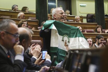 El diputado socialista Manuel Pezzi ondea una bandera andaluza durante el debate.