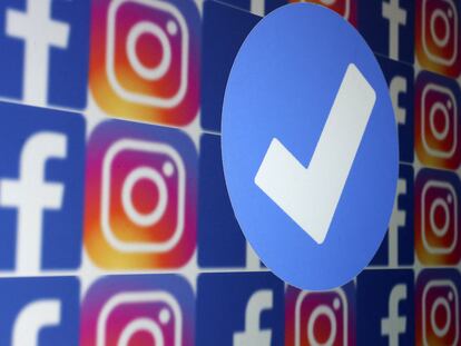 A blue verification badge and the logos of Facebook and Instagram are seen in this picture illustration taken January 19, 2023.