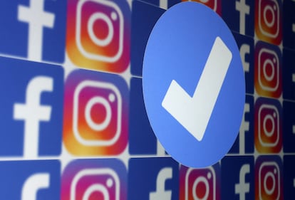 A blue verification badge and the logos of Facebook and Instagram are seen in this picture illustration taken January 19, 2023.