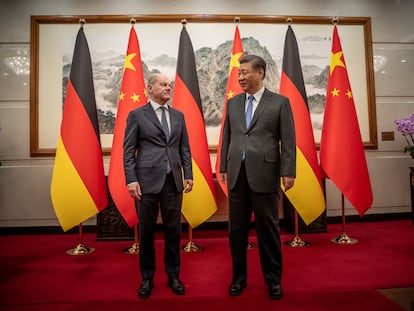 El Presidente chino Xi Jinping en un momento de su reunión con el Canciller alemán Olaf Scholz esta mañana en Pekín.