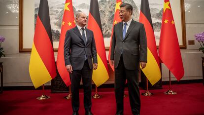 El Presidente chino Xi Jinping en un momento de su reunión con el Canciller alemán Olaf Scholz esta mañana en Pekín.