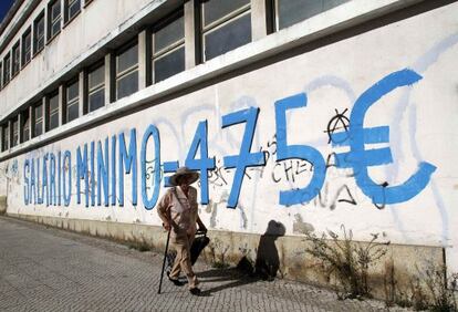 A mural reading "Medium wage = €475."