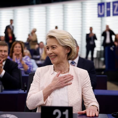 Ursula von der Leyen reacts after being chosen President of the European Commission for a second term, at the European Parliament in Strasbourg, France, July 18, 2024. REUTERS/Johanna Geron