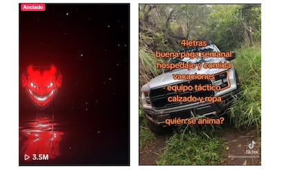 Imágenes de TikTok en donde figuran un diablo rojo y una camioneta de lujo junto a un mensaje de reclutamiento