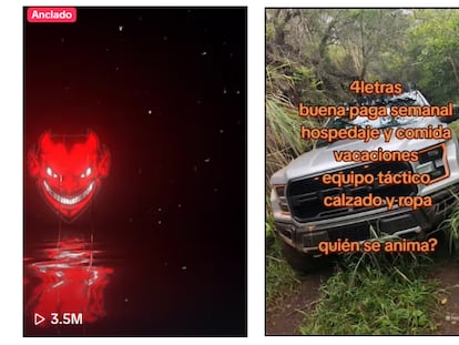 Imágenes de TikTok en donde figuran un diablo rojo y una camioneta de lujo junto a un mensaje de reclutamiento