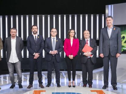 D&#039;esquerra a dreta: Riera, Dom&egrave;nech, Torrent, Turull, Arrimadas, Iceta i Albiol. 