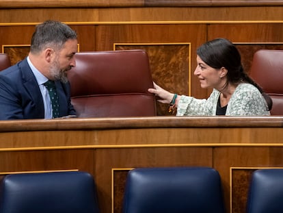 Santiago Abascal, presidente de Vox, y Macarena Olona, portavoz parlamentaria y ahora candidata a la Junta de Andalucía por la formación, este jueves en el Congreso.