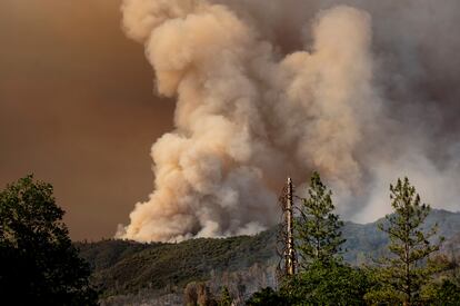 El incendio conocido como Oak Fire, ardía el sábado cerca de la comunidad de Jerseydale, en el condado de Mariposa, en California. 