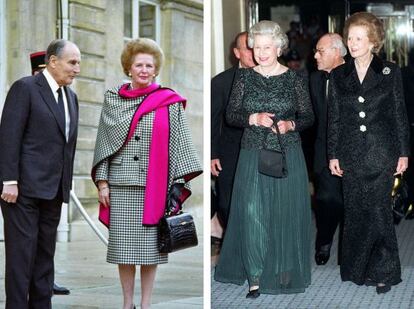 A la derecha, Margaret Thatcher en 1990 con el expresidente de Francia Francois Mitterand. Y a la izquierda, la exprimera ministra con la reina Isabel II en su 70 cumpleaños.