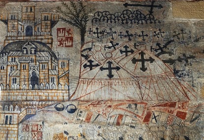 Pinturas murales del castillo de Alcañiz (Teruel) que representan un campamento de caballeros de la Orden de Calatrava.