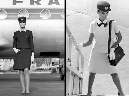 A ligação entre a alta costura e aviação se consolida em 1968. A Air France encomendou o desenho daquele ano de seus novos uniformes ao mestre Balenciaga. A Iberia aposta em Pertegaz, e depois em Berhanyer. A Alitalia elege Mila Schön, que há tempos já vestia Marella Agnelli. Por sua vez, a Scandinavian Airlines confiou, em 1971, em Marc Bohan, estilista de Christian Dior, para desenhar as roupas de suas funcionárias. Na imagem, os uniformes desenhados por Balenciaga para a tripulação da Air France.