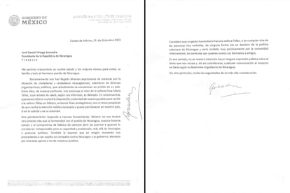 La carta en la que López Obrador pide a Ortega la liberación de Dora María Téllez.