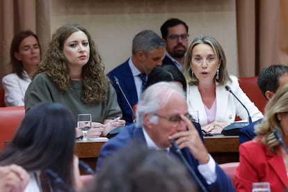 La diputadas del PP Ester Muñoz (i) y Cuca Gamarra (d), en la sesión de la Diputación Permanente del Congreso de este martes.