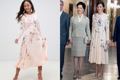 Esta semana Letizia elegía un vestido de Asos para recibir al presidente chino y su esposa. El modelo, de 97 euros, se agotaba en la web pocas horas después.