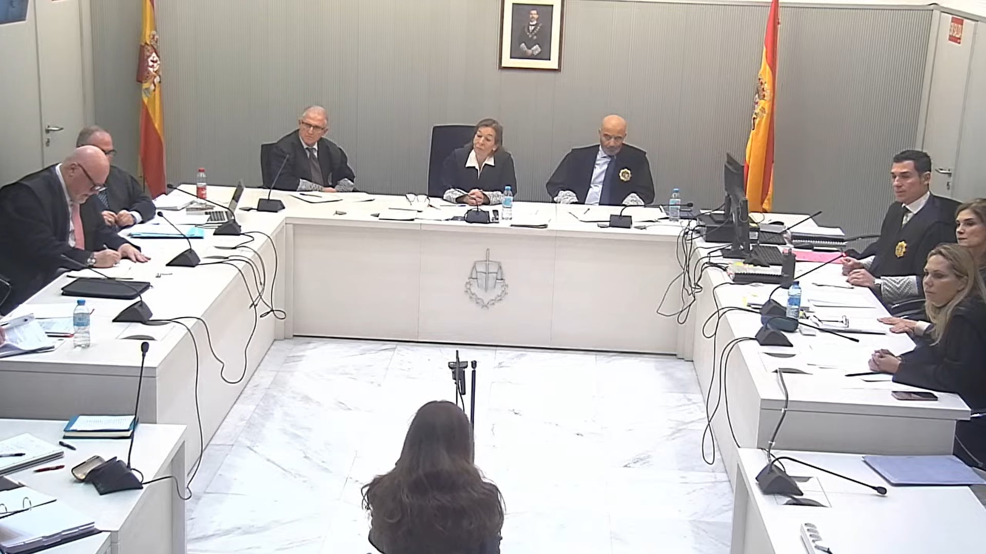 Elisa Pinto, de espaldas, durante su declaración, este miércoles, en la Audiencia Nacional, donde se ve a Villarejo a la izquierda.