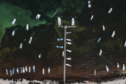 Vista aérea de embarcações em Puerto Morelos que flutuam sobre as águas cobertas de sargaço.