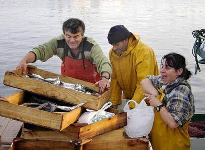Beatriz Amaral, marinera titulada, junto a dos compañeros a bordo del 'Halcón', cerquero de Portonovo.