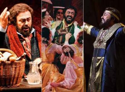 Pavarotti, en una escena de <i>La bohème</i> (a la izquierda) en el Regia de Turín, en 1996; en <i>L&#39;elisir d&#39;amore,</i> en el Metropolitan de Nueva York, en 1998 (en el centro), y saludando al público tras una representación de <i>Aida,</i> también en el Metropolitan, en 2001.