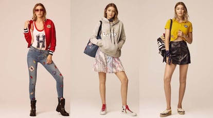 La modelo Gigi Hadid posa con tres de los looks de su segunda colección junto a Tommy Hilfiger.