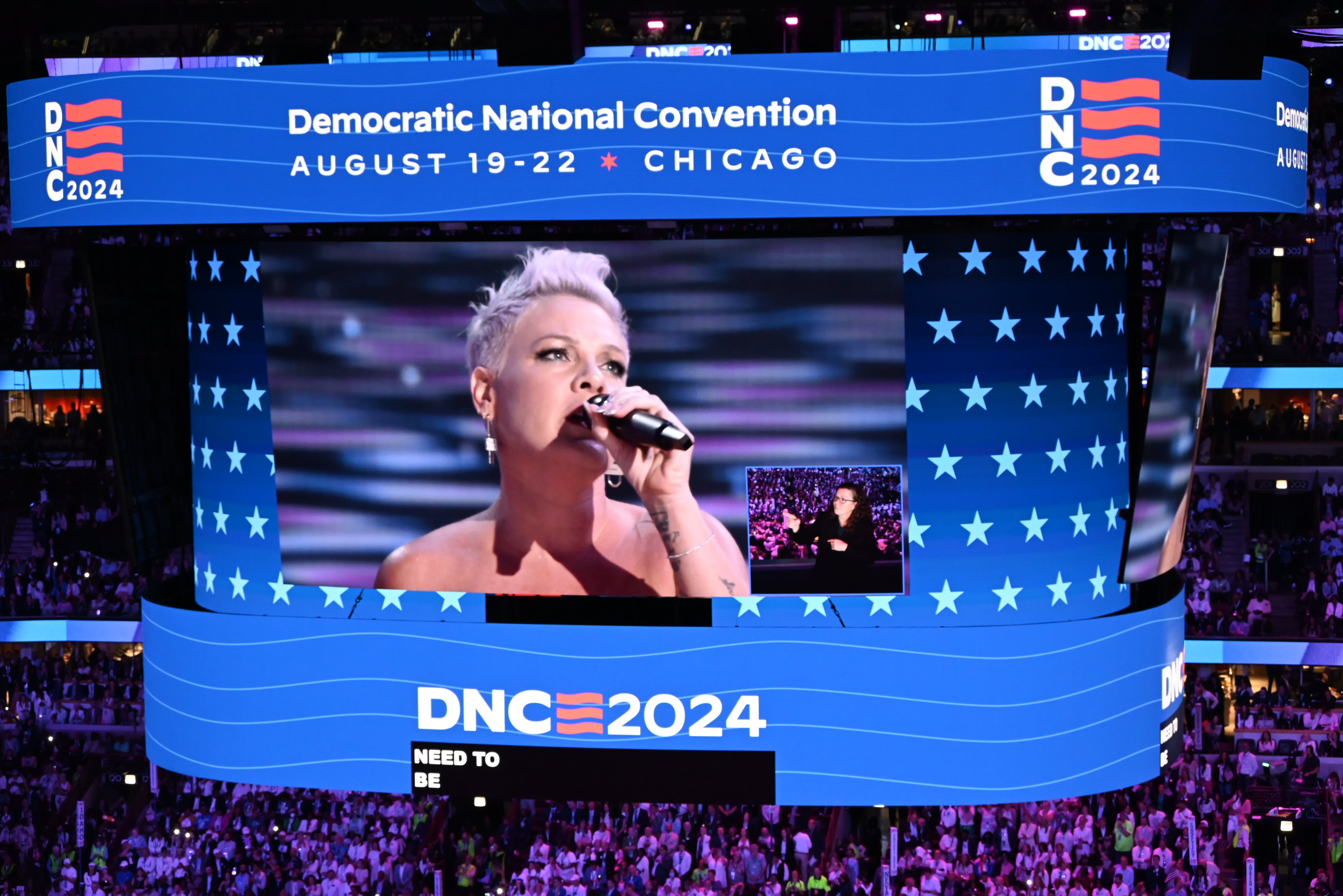 CHICAGO, ILLINOIS, UNITED STATES - AUGUST 22: Singer Alicia Moore, known as Pink, attends the Democratic National Convention (DNC) at the United Center in Chicago, Illinois, United States on August 22, 2024. The DNC marks the ceremonial crowning of US Vice President Kamala Harris and Minnesota Governor Tim Walz as the party's presidential nominees. (Photo by Kyle Mazza (Anadolu / Getty Images)