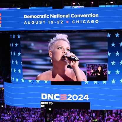 CHICAGO, ILLINOIS, UNITED STATES - AUGUST 22: Singer Alicia Moore, known as Pink, attends the Democratic National Convention (DNC) at the United Center in Chicago, Illinois, United States on August 22, 2024. The DNC marks the ceremonial crowning of US Vice President Kamala Harris and Minnesota Governor Tim Walz as the party's presidential nominees. (Photo by Kyle Mazza (Anadolu / Getty Images)