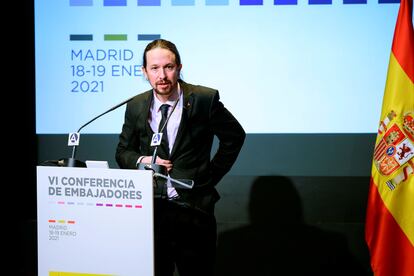 El vicepresidente segundo y líder de Podemos, Pablo Iglesias, durante su intervención el pasado martes en la reunión de embajadores de España organizada por el Ministerio de Asuntos Exteriores en Madrid.