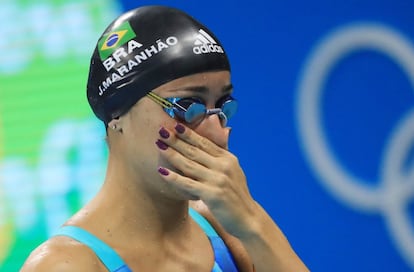 Joanna Maranhão se prepara para disputar os 200m borboleta. A nadadora ficou fora das finais dessa prova e das disputas por medalha nos 400 m medley e nos 200 m medley e depois fez uma longa declaração na qual protestou contra as ofensas que sofreu nas redes sociais.