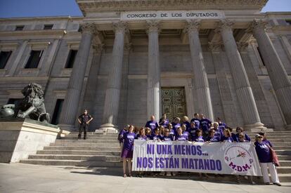 El Movimiento Democrático de Mujeres protesta en el Congreso contra la violencia machista.