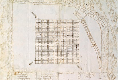 Plano de planta de Esteco II (Nuestra Señora de Talavera de Madrid), anónimo y sin fecha. Indica la asignación de solares en el trazado de esta ciudad. Archivo General de Indias (Sevilla)