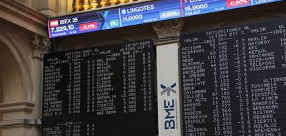 Paneles informativos con los gráficos colocados en el interior del Palacio de la Bolsa