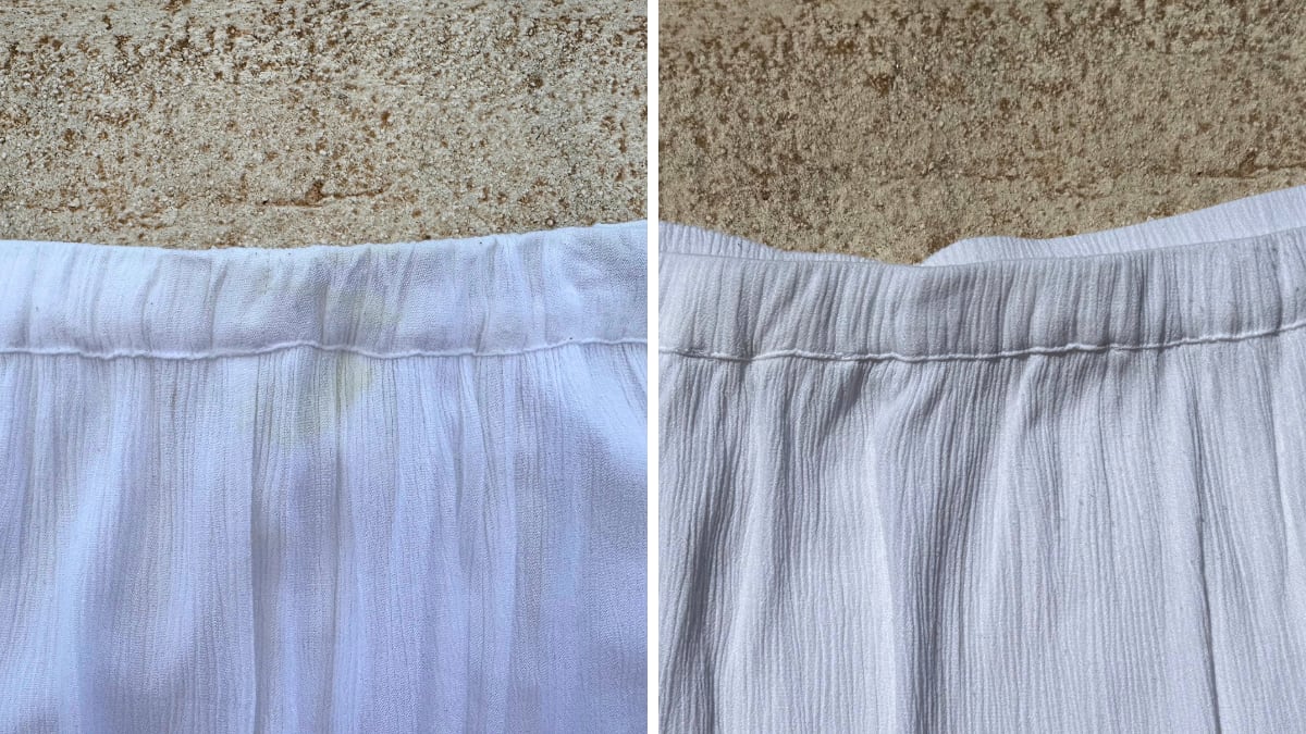 Antes y después de una mancha de crema solar en una falda blanca de algodón.