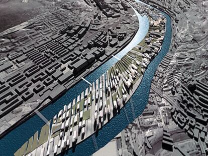 Vista aérea informática del plan de ordenación de Zorrozaurre, realizado por Zaha Hadid.
