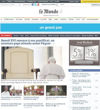 La edición web del diario francés 'Le Monde' abre con la noticia y titula: "Benedicto XVI renuncia a su pontificado, se espera un nuevo papa antes de Pascua".