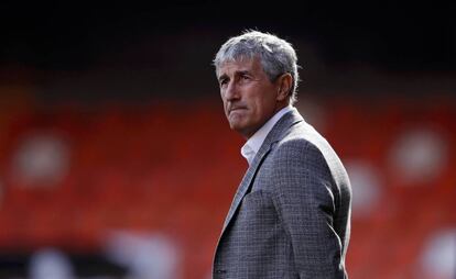 Quique Setién, en Mestalla en el partido entre el Valencia y el Barcelona.