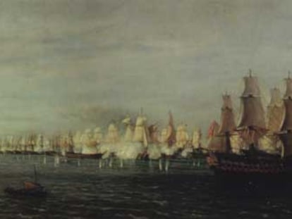 Cuadro que representa los primeros instantes de la batalla de Trafalgar, expuesto en el Museo Naval de Madrid.