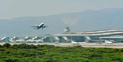 Un avión despega en el aeropuerto de El Prat frente a la zona natural de La Ricarda.