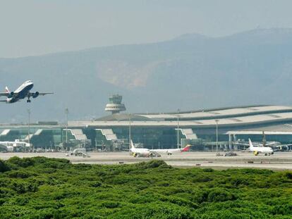 Un avión despega en el aeropuerto de El Prat frente a la zona natural de La Ricarda.