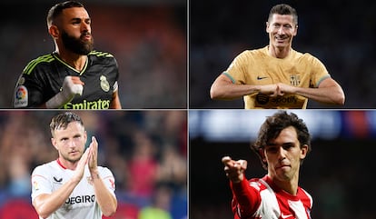 Benzema, Lewandowski, Rakitic y João Félix, estrellas de los equipos españoles que disputan la Champions.