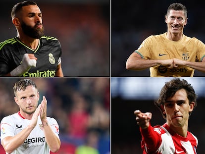 Benzema, Lewandowski, Rakitic y João Félix, estrellas de los equipos españoles que disputan la Champions.