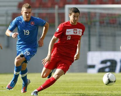 Robert Lewandowski, durante el partido amistoso que disputaron Polonia y Eslovaquia.