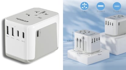 Este modelo de adaptador de enchufe universal, de la marca Tessan, incorpora cinco puertos USB.