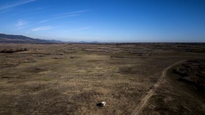 Imagen aérea de la zona más plana del humedal totalmente seco. Los empleados del parque trabajan en la conservación del terreno mediante el desbroce de especies arbóreas invasoras como el taray, para que las lagunas no se colmaten.